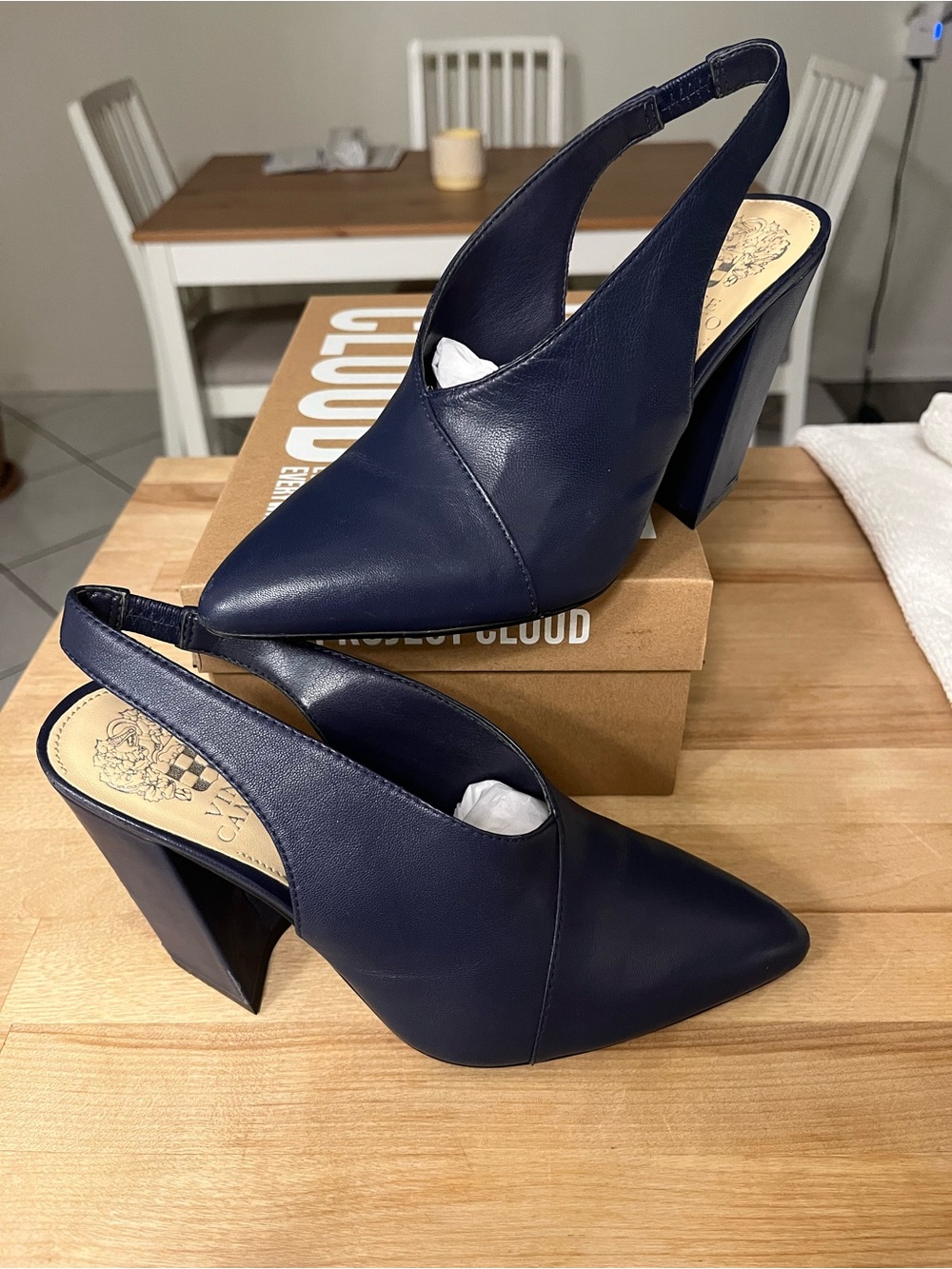 Vince Camuto Navy Pointed Toe Slingback Block Heel Pumps